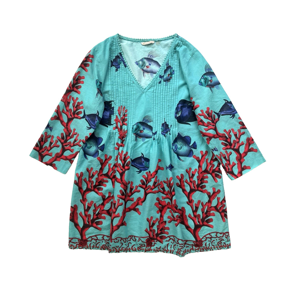 Soft Surroundings Tunic Coverup Dress PM Blue Fish Red Coral Cotton Beach Resort